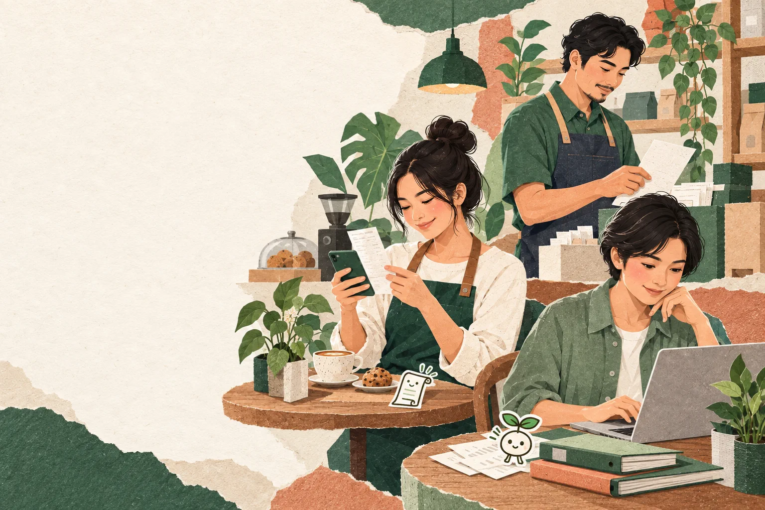 เจ้าของธุรกิจสามคนกำลังตรวจสอบใบเสร็จและจัดข้อมูลธุรกิจ